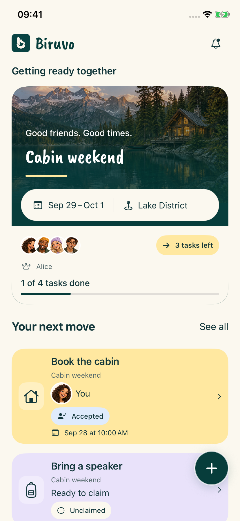 Biruvo home screen with a cabin weekend and shared tasks