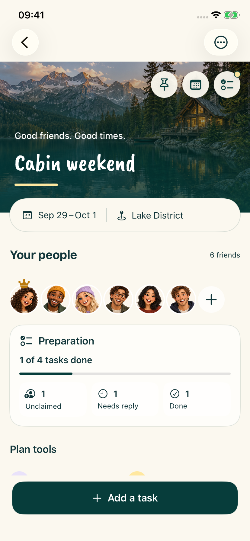 A shared cabin plan with members, preparation progress and cover shortcuts